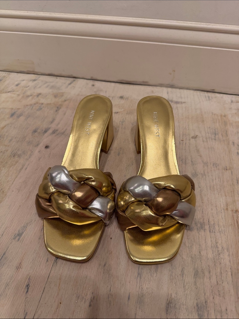 Nine West Metallic Braided Slide Mules in Gold, Silver, Bronze